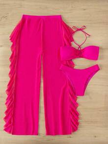 3 piezas Bañador bikini halter simple con tira cruzada & Pantalones cover up - Rosa Fucsia - Ver 7