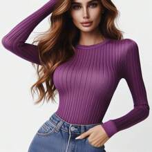 Playera De Mujer En Ribb Manga Larga Cuello Redondo Slim Fit - Morado - Ver 3