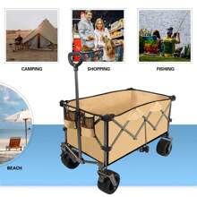 Collapsible Folding Wagon, Push Pull Foldable Beach Wagon Cart - Brown - View 2