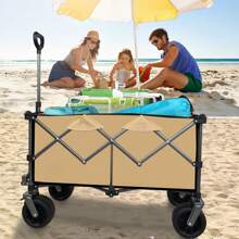 Collapsible Folding Wagon, Push Pull Foldable Beach Wagon Cart - Brown - View 5