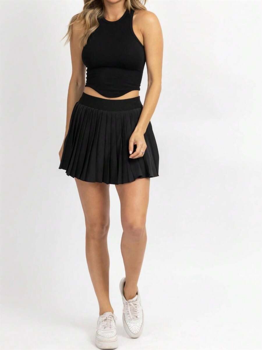 MABLE PLEATED ELASTIC TENNIS SKIRT - 黑色 - 查看 1
