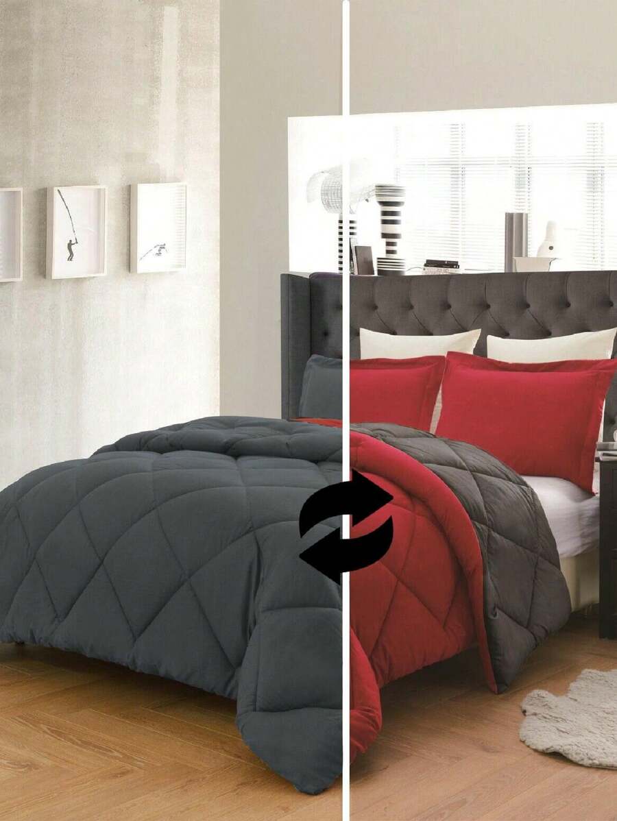 3PC Reversible 2-Tone Comforter Set With 2 Pillow Shams - 2 Different Colors! Duvet Insert - Red & Gray - View 1