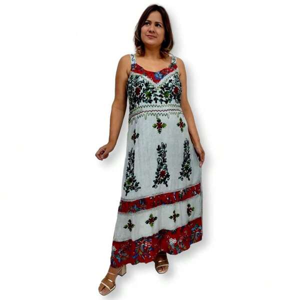 Vestido Longo Indiano Alça Bordado Colorido Plus Size 519