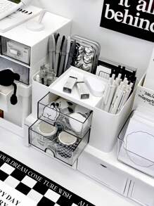 1 件带抽屉的塑料文具收纳盒 - 宽敞的分隔式桌面收纳盒，适用于化妆品、护肤品、化妆品、笔、化妆品和美容必需品 - 非常适合梳妆台、学校、书房、卧室、浴室柜和梳妆台收纳 返校万圣节装饰 万圣节服装 秋季装饰 节日装饰 - 白色 - 查看 4