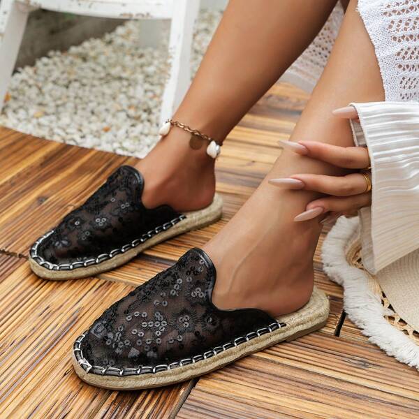 Sandalias de mujer con tirantes traseros, de lino bordado y paja, para el verano de 2024
