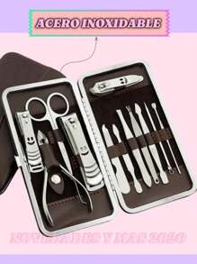 Set 12 Piezas  Manicura Y Pedicura Acero Inoxidable  Multifunción, Kit De Pedicura, Cortaúñas, Kit De Arreglo Personal Profesional, Kit De Pedicura Profesional De Acero Inoxidable Para El Cuidado De Las Uñas De Pies Y Manos Con Herramientas Portátiles Adecuadas Para Uso En Casa, En El Trabajo Y En Viajes Al Exterior - Marrón Chocolate - Ver 2