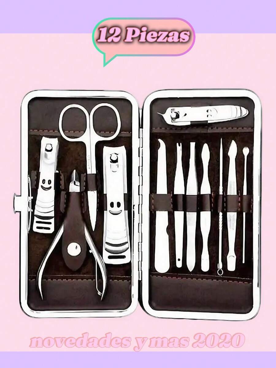 Set 12 Piezas  Manicura Y Pedicura Acero Inoxidable  Multifunción, Kit De Pedicura, Cortaúñas, Kit De Arreglo Personal Profesional, Kit De Pedicura Profesional De Acero Inoxidable Para El Cuidado De Las Uñas De Pies Y Manos Con Herramientas Portátiles Adecuadas Para Uso En Casa, En El Trabajo Y En Viajes Al Exterior - Marrón Chocolate - Ver 1