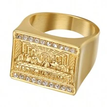 1 pieza Nuevo anillo de acero de titanio HIPHOP chapado en oro con famosa pintura mundial para hombre, joyería de acero inoxidable - Accesorios de acero inoxidable - Ver 1