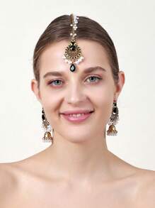 Set de 3 piezas Nuevo Estilo Bohemio Conjunto de Joyería de Mujer: 1 pieza Cadena de Frente Decorada con Rhinestones de Vidrio en Verde/Rojo/Negro1 piezaar de Aretes con Forma de Campana Elegantes, Regalo de Navidad Perfecto para Amigos