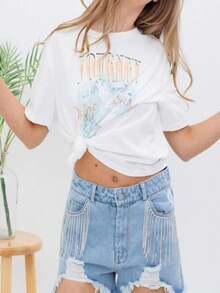 The Ricky Rhinestone Denim Shorts - Light Wash - View 2