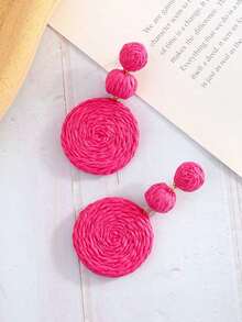 1pair Bohemian Style Raffia Geometric Round Tassel Earrings For Women, Suitable For Daily Wear And Beach Vacation - Brown - View 4