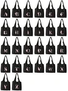 1入組印花肩帶手提包，26個字母購物袋，大容量收納肩背包適用於女士，超市手提袋，可重複使用收納袋，旅行野餐包，沙灘包，Y2k風肩帶包，適用於工作、通勤、返校、中學、高中、大學、度假等場合。 - 黑色 - 查看 3