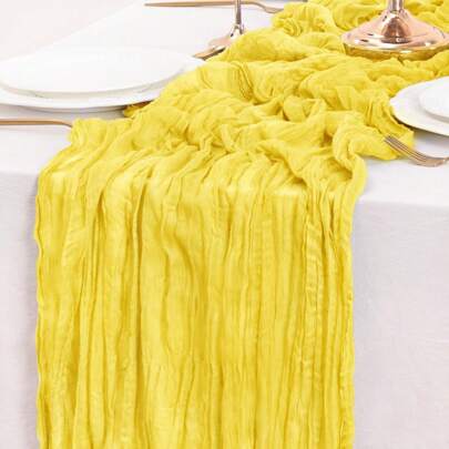 1条 35.43*70.87/118.11/157.48 英寸 黄色巴厘岛褶皱雪纺桌旗，雪纺桌旗，波西米亚风格，婚礼装饰，适用于新娘送礼会、拱门、自助餐、甜品桌、节日装饰