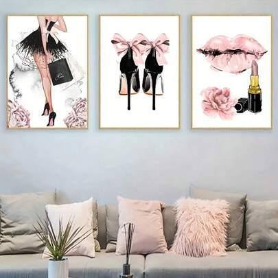 3pcs/Set Frameless Waterproof Canvas Wall Art, Modern Wall Decor With Stylish High Heel & Lipstick Pattern Watercolor Pink Bow Poster, Suitable For Living Room, Bedroom, Office, Sofa Background, Fashion And Beauty Salon Wall Decoration, Home Decor, Room Aesthetics Gifts Birthday Graduation