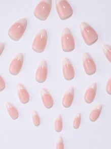 24 Pcs Short Almond-Shaped Nail Coffin Full Cover Nude Pink Ombre French False Nails With Adhesive Tabs & 1 Jelly Gel, Suitable For Daily Wear Press On Nails