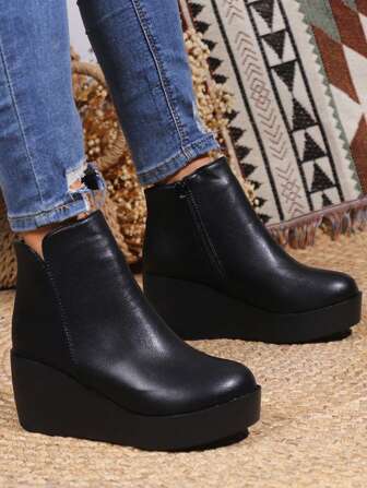 Women's Platform Short Boots And Ankle Boots, Casual Fashion Vacation Sightseeing Daily Wear, Black Waterproof Wedge Short Boots, Autumn/Winter,Boots For Women