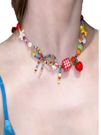 1pc New Bohemian Dopamine Multicolor Apple Star Beaded Necklace For Summer