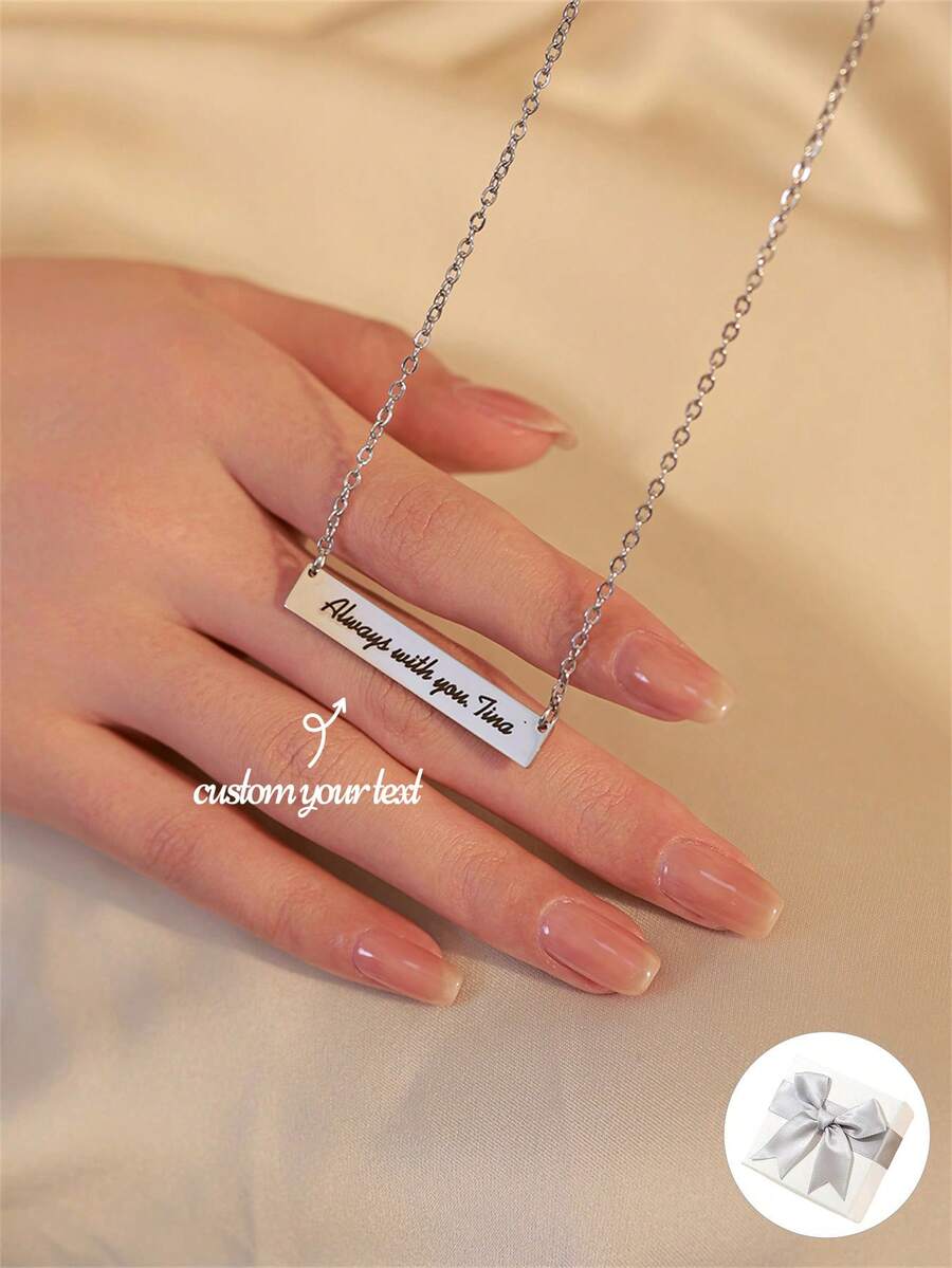 1pc Customized Engraved Bar Necklace, Personalized Name Message Pendant Necklace, Custom Text Charm Gift For Her, Mother's Day Gift, Graduation Gift, Anniversary Gift, Birthday Gift, Bridesmaids Gift, Wedding Gift, Christmas Gift - Silver - View 1
