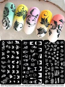 3 piezas Placa de estampado de uñas con encaje francés y diseño de flores, hojas y mariposas, molde para uñas, plantilla de impresión de arte de uñas como herramienta de manicura para salon de uñas y accesorios de uñas - Plateado - Ver 1