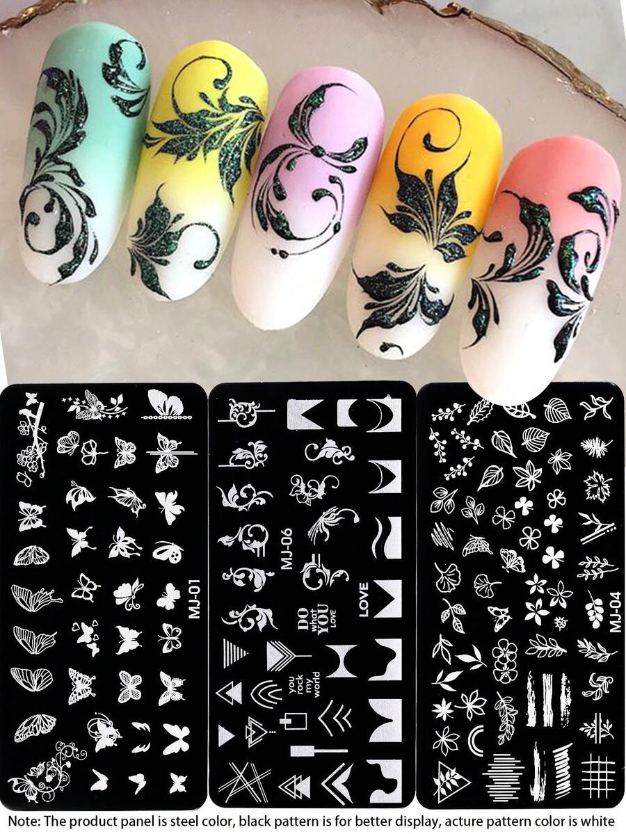 3 piezas Placa de estampado de uñas con encaje francés y diseño de flores, hojas y mariposas, molde para uñas, plantilla de impresión de arte de uñas como herramienta de manicura para salon de uñas y accesorios de uñas - Plateado - Ver 1