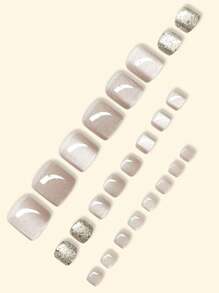 24 件短方形浅粉色猫眼闪光脚趾甲片，含指甲锉和果冻胶，按压式指甲，美甲用品，指甲 - 藕粉色 - 查看 3