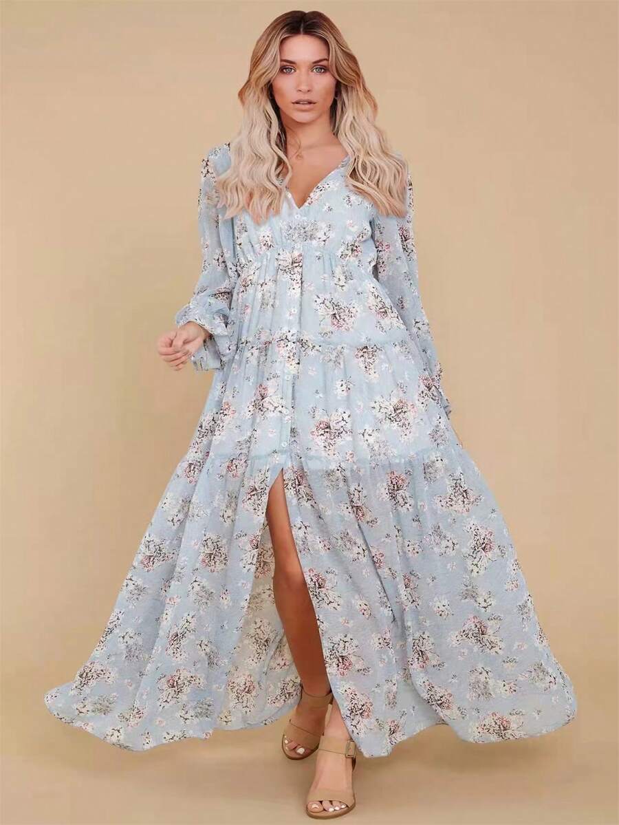 Vestido de Tela Poliéster y Elastano para Mujeres con V-Neck y Abrigo Profundo: Estilo Chic y Cómodo para Ocasiones Elegantes y Casuales con Bloqueo de Color - Azul - Ver 1