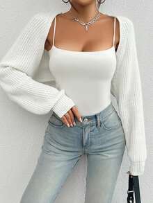 Spring And Autumn Casual Solid Ribbed Knitted Cardigan With Dolman Sleeves,Long Sleeve Tops