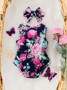 1件女婴豹纹无袖连体衣，夏季 - 藏蓝色 - 查看 2