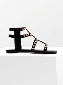 Women Summer Gladiator Sandals Flat Sandals With Zipper Metal Polka Dot Desgin Tropical Vacation Fashion Chic Beach Versatile Ankle Shoes - 黑色 - 查看 6