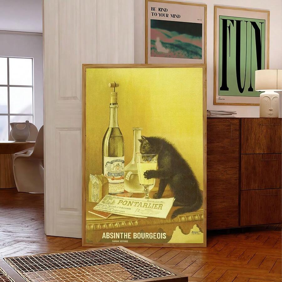 1入組搞笑貓咪從玻璃杯中飲香檳壁畫，復古版畫印刷，經典油畫裝飾，適用於客廳和臥室的裝飾畫，19.6*27.6英寸，無框 - A - 查看 1