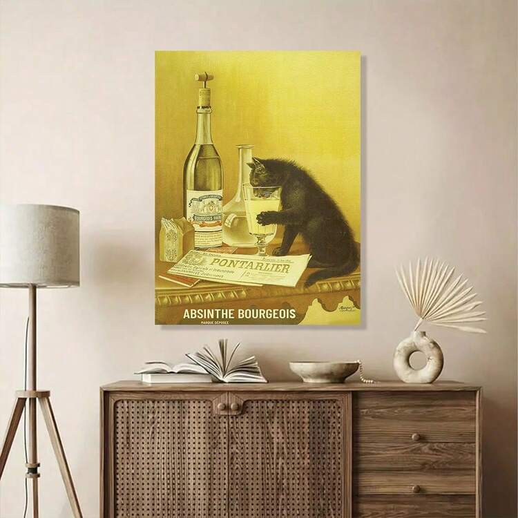 1入組搞笑貓咪從玻璃杯中飲香檳壁畫，復古版畫印刷，經典油畫裝飾，適用於客廳和臥室的裝飾畫，19.6*27.6英寸，無框 - A - 查看 3