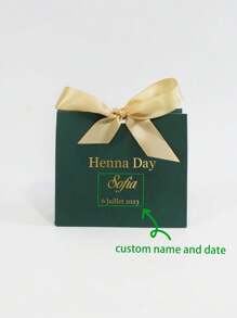 Personalized 'Henna Day' Mini Gift Box In Emerald Green With Gold/Green Ribbon, Customized With Name And Date, Perfect For Candies And Small Gifts, Ideal For Pre-Wedding Celebrations For Him Her, Friends, Pets, Son, Daughter For Anniversaries, For Valentine's Day, For Mother's Day, For Birthdays, For Children's Day, For Father's Day, For Graduation, For Weddings, For Housewarming Living Room, Bedroom, Office, Tea Room, Home, Christmas,Gala Night - Green Box Henna Day Customization - View 10