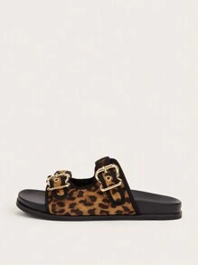 Casual Leopard Print Metallic Flat Sandals/Slippers With Single Buckle Strap For Holiday - Multicolor - View 3