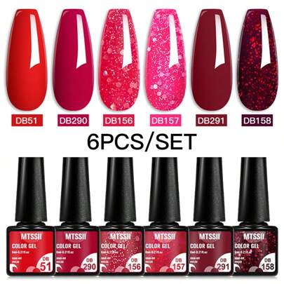 6PCS Red Glitter Nail Gel Polish Kit Soak Off UV LED Cured Long Lasting High Shine Soak Off Gel Polish Set For Nail Art Manicure Nails