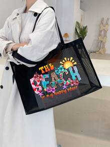 Geantă de plajă, la modă, cu ochiuri de mare capacitate, model de stele de mare vibrante pentru plajă de vară, geantă de plajă de mare capacitate pentru depozitare și cumpărături pe plajă, pentru fete adolescente, femei, studenți, cadou pentru ziua profesorului, cadouri de vacanță, cadou pentru mamă, cele mai bune cadouri pentru profesori pentru totdeauna pentru profesori Zi - Negru - Vizualizare 15