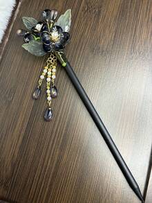 女士優雅檀香木髮夾，中國風流蘇髮夾，日常佩戴飾品，波西米亞風蘇髮夾，儉約旗袍髮飾，街頭時尚配件，休閒髮髻木製髮夾，木質頭飾配件 - 黑色 - 查看 2
