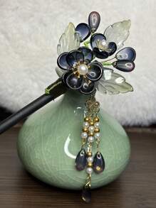 女士優雅檀香木髮夾，中國風流蘇髮夾，日常佩戴飾品，波西米亞風蘇髮夾，儉約旗袍髮飾，街頭時尚配件，休閒髮髻木製髮夾，木質頭飾配件 - 黑色 - 查看 1