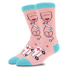 1 Pair Unisex Doctor/Nurse Stethoscope Patterned Mid-Calf Socks, All Seasons, Large Size, Soft, Comfortable, Moisture Wicking, Breathable, Odor Resistant, Warm Calf, Fall - Pink - View 6