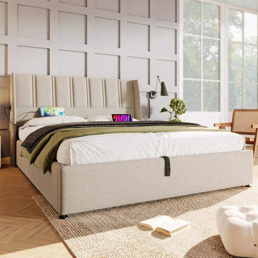 Lit Double 180x200cm Avec LED Et Tête De Lit Rembourrée - 2 Tiroirs De Rangement - Gris Lin - Sweiko