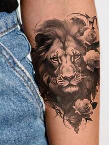 1 张大尺寸人体艺术临时纹身贴纸，男女皆宜，黑色逼真的动物图案狮子玫瑰花朵图案，防水假纹身，持续 2-5 天，遮盖疤痕，可用于手臂手腕肩膀腿腰颈手胸部大腿手指脚踝，适用于派对、礼物、度假、身体装饰 - 黑色 - 查看 1