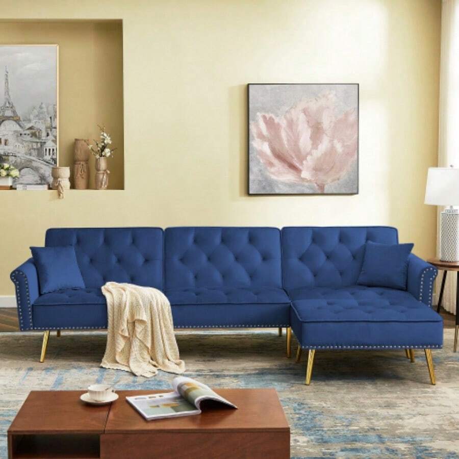 Modern Velvet Upholstered- Reversible Sectional Sofa Bed , L-Shaped Couch With Movable Ottoman And Nailhead Trim For Living Room. (Blue-)