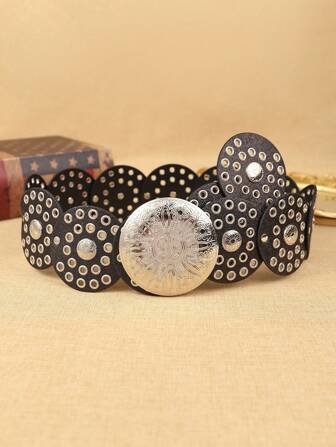 1pc Women's PU Round Buckle Waist Belt, Metallic Shiny Bohemian Fashion Accessory, Suitable For Daily Wear Halloween Summer, School Fall, Autumn, Halloween