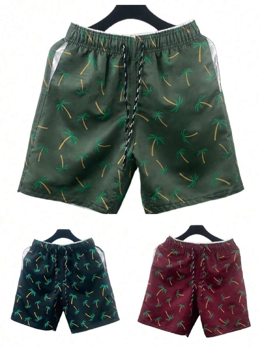 KIT 3 Men's Coconut Tree Shorts/Bermuda Shorts Beach Sport Gym Casual Comfort - 軍綠色 - 查看 1