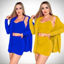 Vestido corto cruzado manga corta falda fluida - Amarillo - Ver 3