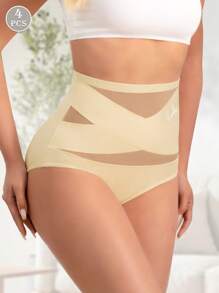 MIOTAN 4pcs Women's High Waist Triangle Panties, Cross Strap, Seamless, Tummy Control - Multicolor - View 3