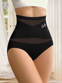 MIOTAN 4pcs Women's High Waist Triangle Panties, Cross Strap, Seamless, Tummy Control - Multicolor - View 5