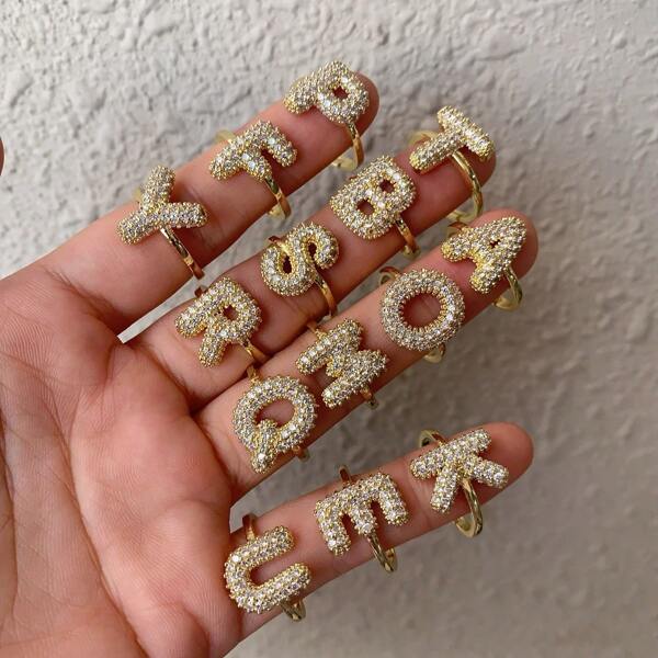 1 Pc Golden Zirconia Initial Letter Rings For Women Open Adjustable Ring Fashion Aesthetic Wedding Jewelry Gift