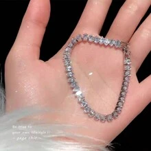 1pc 2.5*5mm Horse Eye Cubic Zirconia Copper Bracelet, Fashionable And Simple, Unisex Tennis Bracelet With Diamond Rows, Platinum Plated