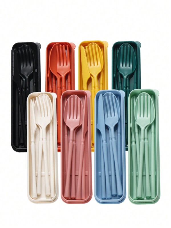 1 Set/8 Sets tragbare gestreifte Kunststoff-Bestecksets, Camping-Geschirr, wiederverwendbares Löffel- und Gabelset mit Aufbewahrungsbox, geeignet für Picknicks & täglichen Gebrauch, Küche, Weihnachtsgeschenk, Rückkehr zur Schule, Schulmaterial