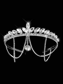 1pc Girls Luxury Rhinestone Tassel Pendant Crown, Shining Diamond Jewelry Wedding Beautiful Bride, Party Women Crown Royal Tiara - Silver - View 2